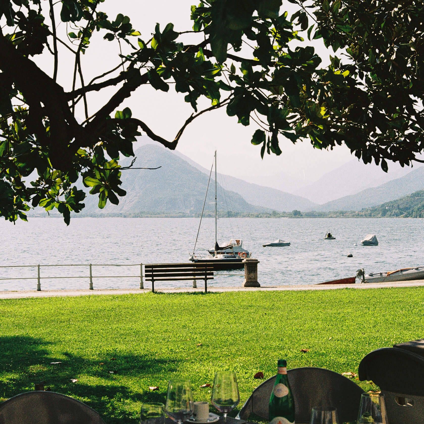 A relaxed lakeside outdoor restaurant table set with wine glasses and a bottle of Acqua Panna water under dark green leafy branches, looking out toward a wooden bench and a sailboat on the water. Analog film look.